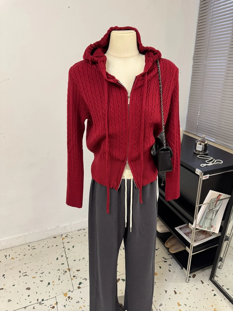 秋冬新款经典麻花连帽针织衫上下双拉链随身开衫休闲外套女装上衣