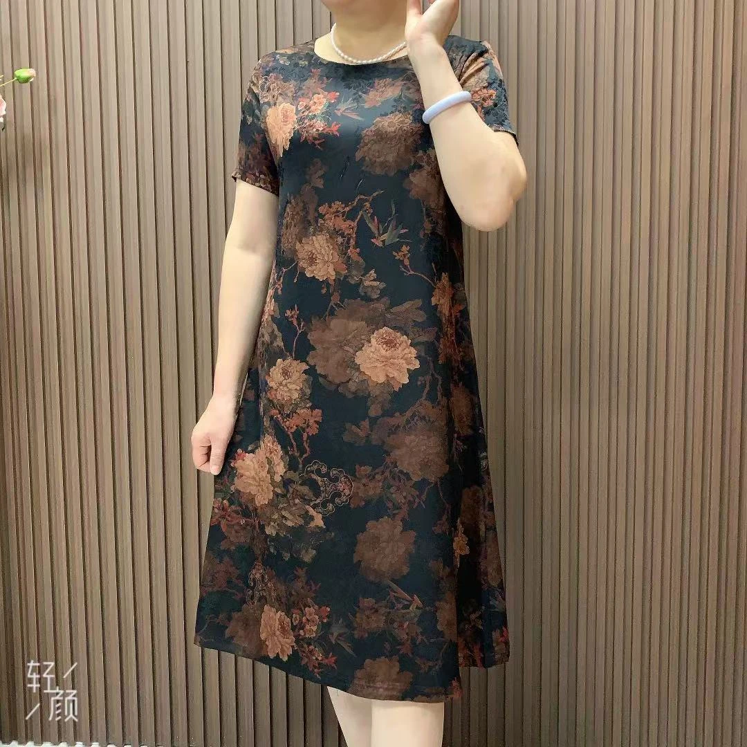 夏季时尚洋气气质宽松印花圆领遮肚显瘦中老年中长款妈妈装连衣裙