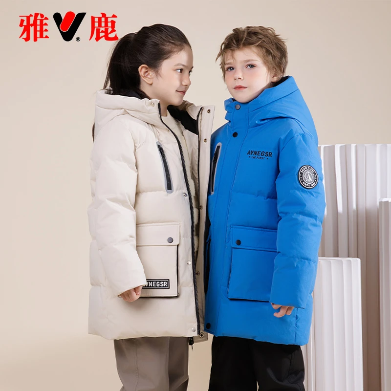 雅鹿蓄热儿童羽绒服加厚男童女童中长款工装2025新款冬季大童外套