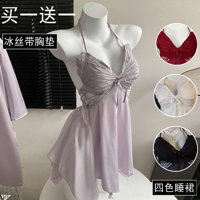 夏季冰丝睡裙女款爆款蝴蝶结新款蕾丝吊带带胸垫性感睡衣夏天薄款