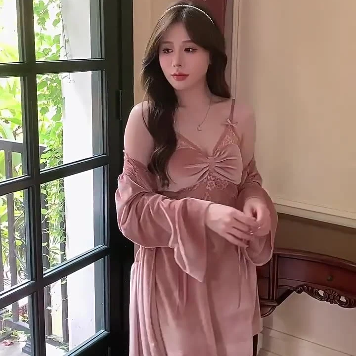 春秋季女士睡衣金丝绒吊带睡裙睡袍两件套装甜美可爱风舒适家居服