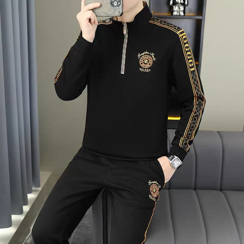 [锡潮正品 ]橘色刺绣字母男士立领修身时尚帅气休闲长袖套装9051