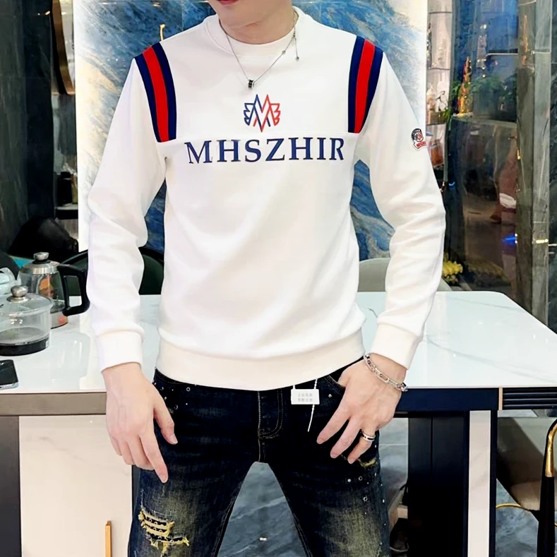 2024秋冬Mo肩带男士百搭时尚潮流修身圆领保暖卫衣