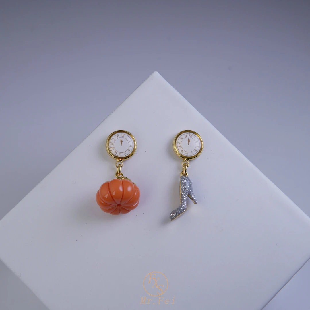 铜合金耳饰 万圣节南瓜水晶鞋创意时钟耳饰~5830