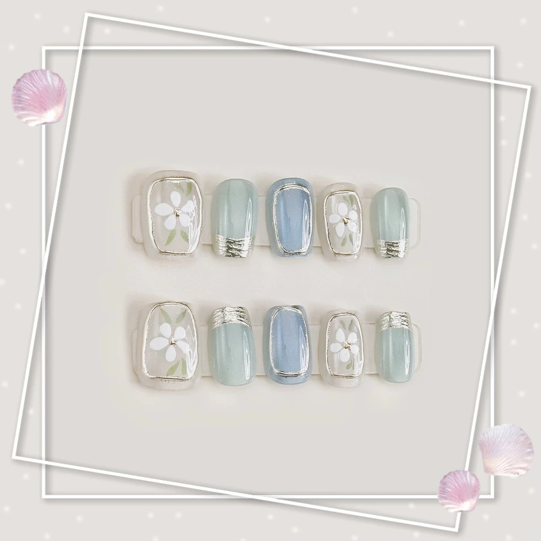 新品穿戴甲长岛冰茶蓝【超短梯】高级感显白时尚新款美甲贴片成品
