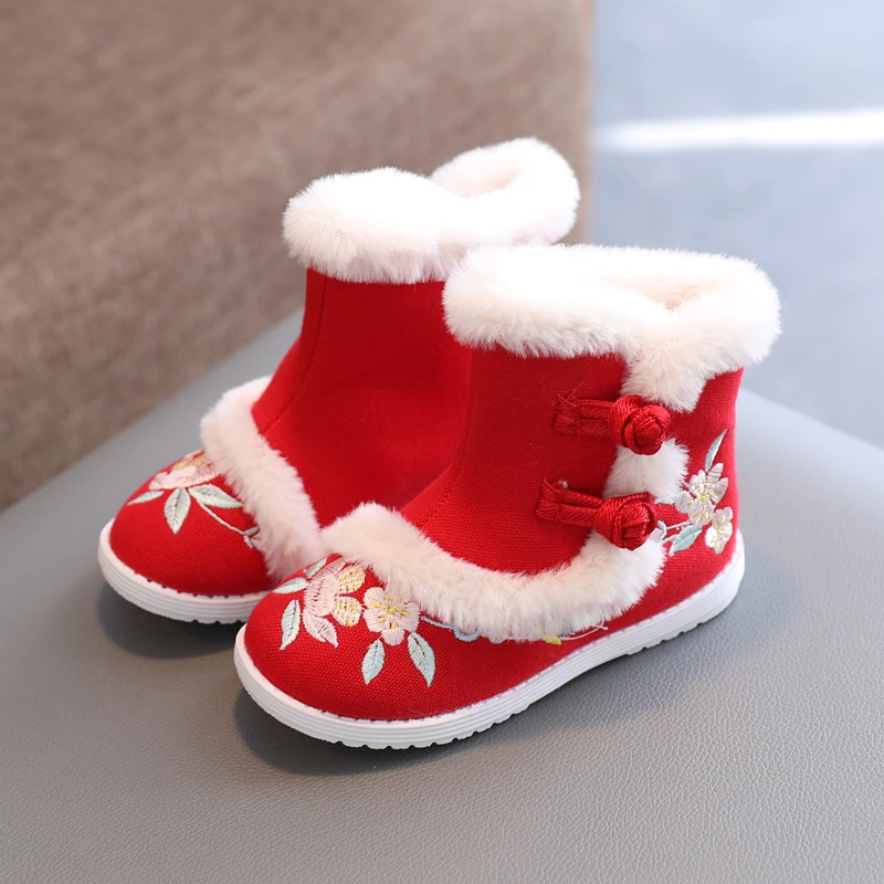 冬季女童加绒汉服鞋中国风儿童保暖绣花鞋拜年棉鞋古风靴子A5165