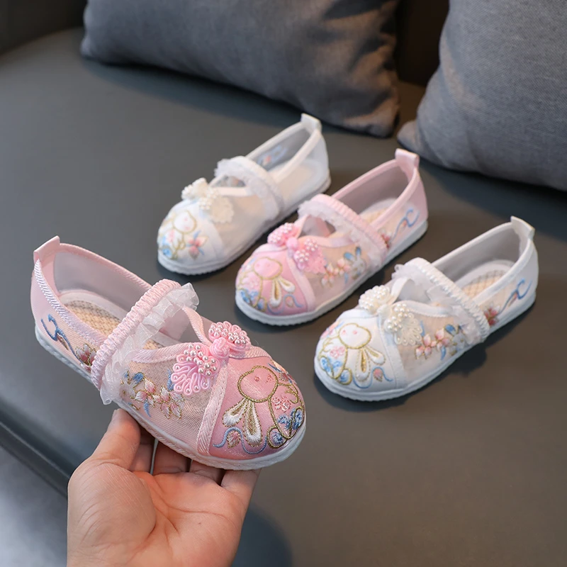 女童夏季汉服鞋子儿童绣花鞋宝宝手工古装鞋中国风演出鞋透气网鞋