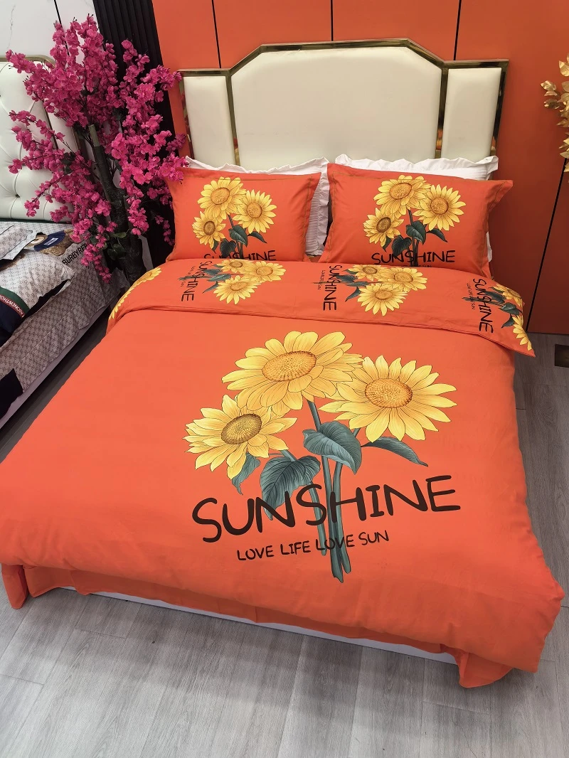 新款纯棉四件套床上用品向日葵喜气红被套床品床单被罩枕套印花