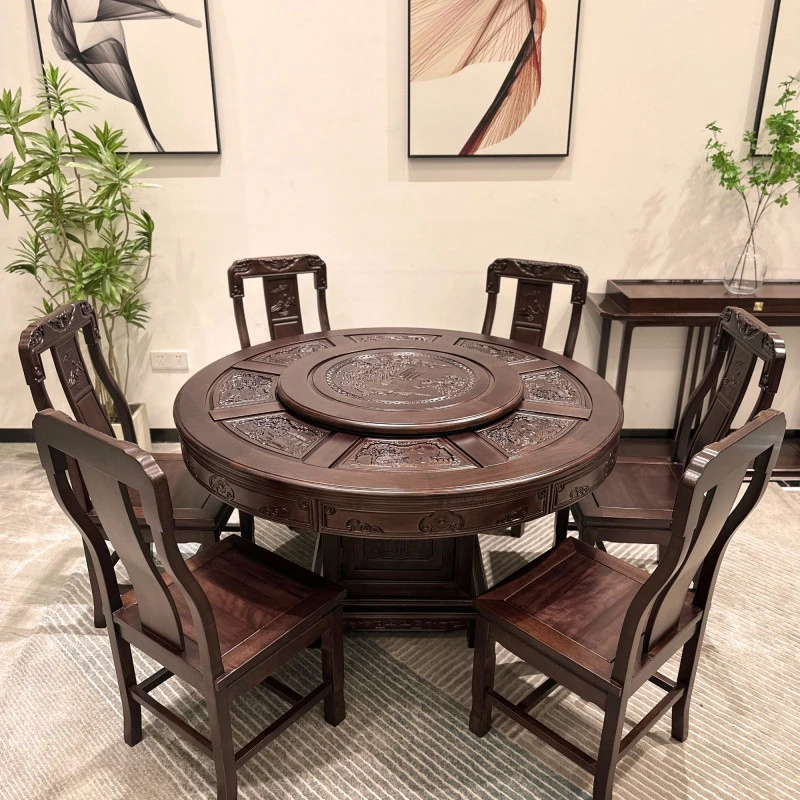 新中式餐桌黑檀木圆餐桌古典客厅餐桌家用餐桌黑檀全实木餐桌