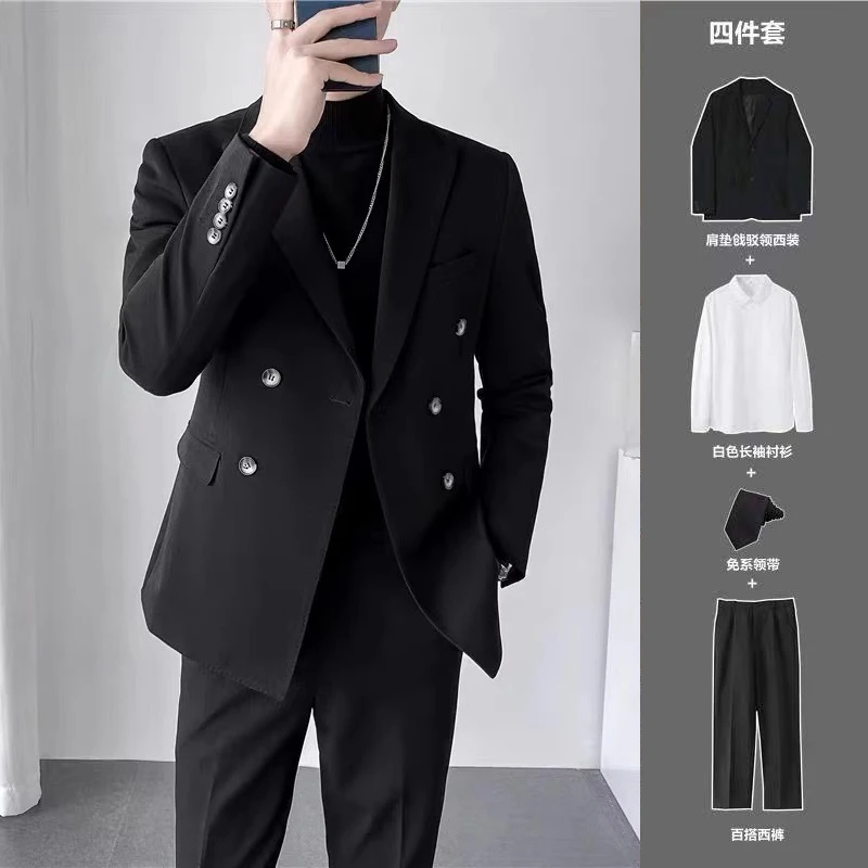 双排扣西装男套装高级感一套休闲西服雅痞结婚礼服男士西服外套潮