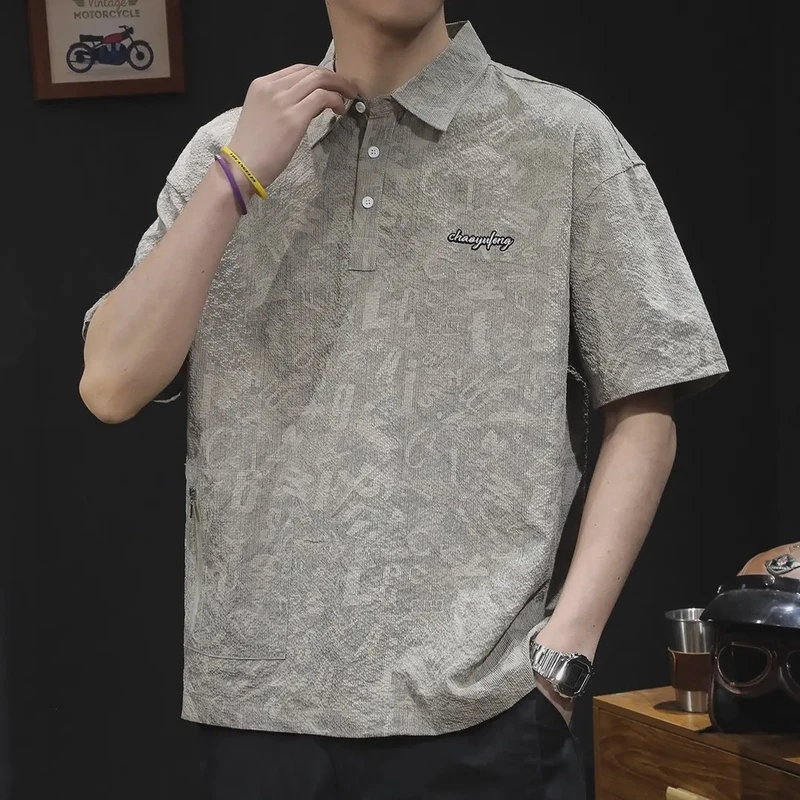 夏季重磅新款设计感满印花polo衫男美式复古工装翻领冰丝短袖T恤