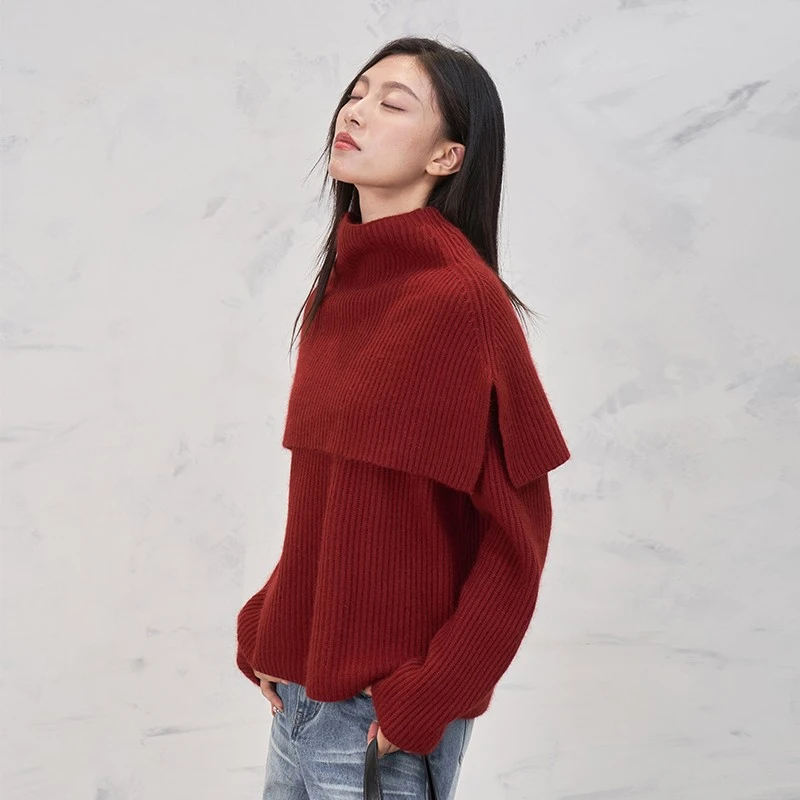 时尚简约上衣女带披肩围脖2024秋冬新款毛衣两件套Q54959