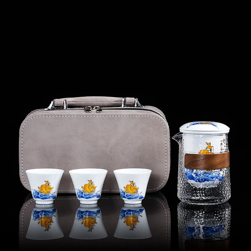 妍鑫奕户外旅行茶具陶瓷快客杯便携式茶具套装一壶三杯周年庆伴手