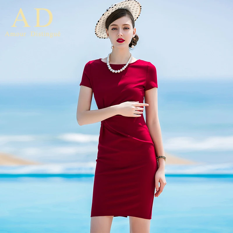 Q173夏季时尚名媛职业装红色修身短袖连衣裙ol气质女装上镜装Z