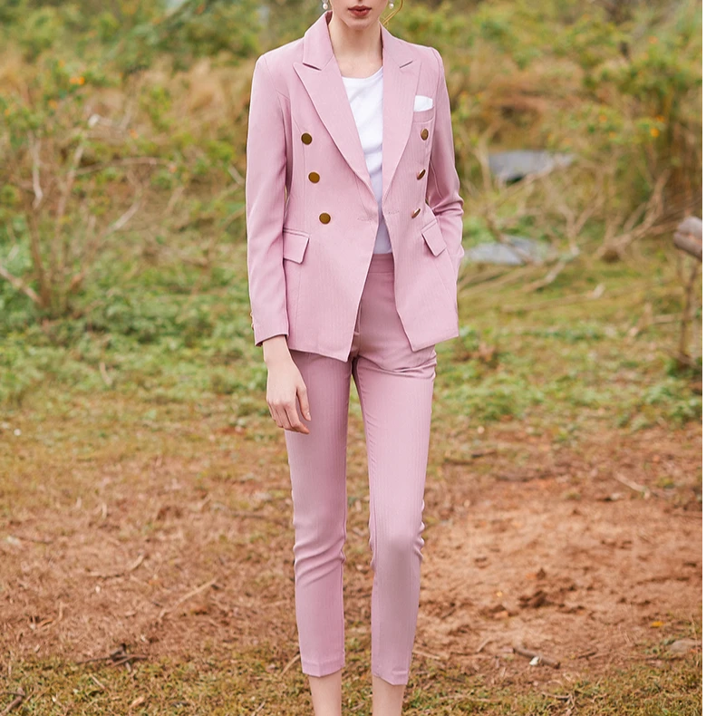 C9346秋季粉色双排扣西装外套女修身时尚休闲西服套裤职业女装S