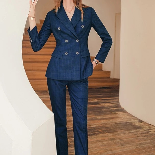 Z韩版时尚宝蓝色格纹西装气质女套裤双排扣西服C10322