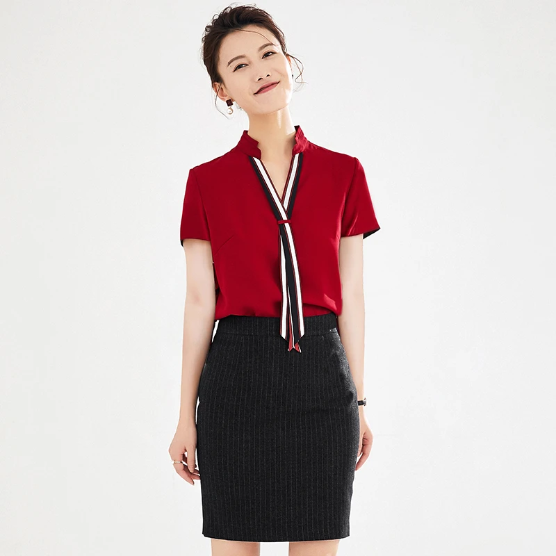B0813空姐制服职业装夏气质酒店前台会所接待工作服女衬衫酒红C