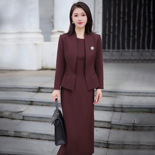 A1008安可拉红长袖西装套装裙女秋新款气质减龄显瘦连衣裙两件套X