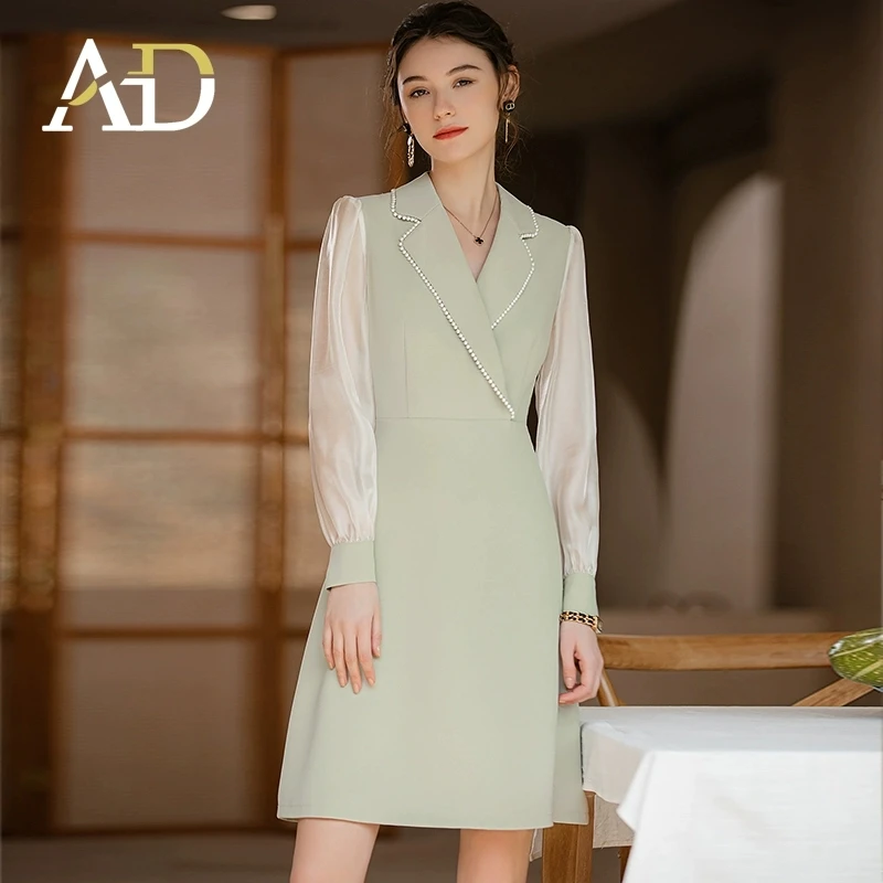 Q900气质优雅知性连衣裙女高端鎏光纱接拼西装裙时尚绿色职业装A