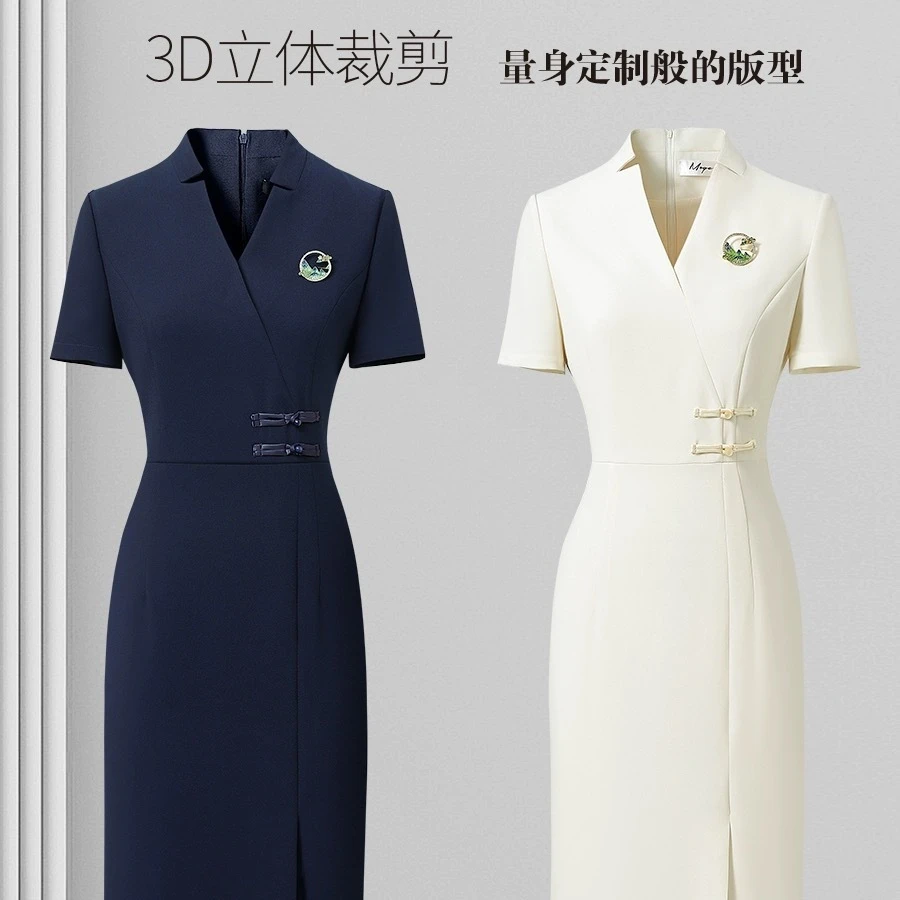 G职业连衣裙女夏季中式酒店前台接待工装茶艺师案场客服C2456