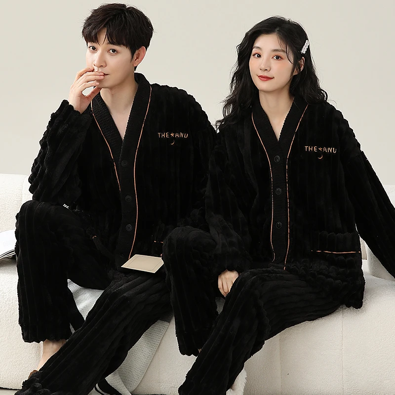 珊瑚绒情侣睡衣女加绒加厚冬季保暖男士女士大码家居服法兰绒套装
