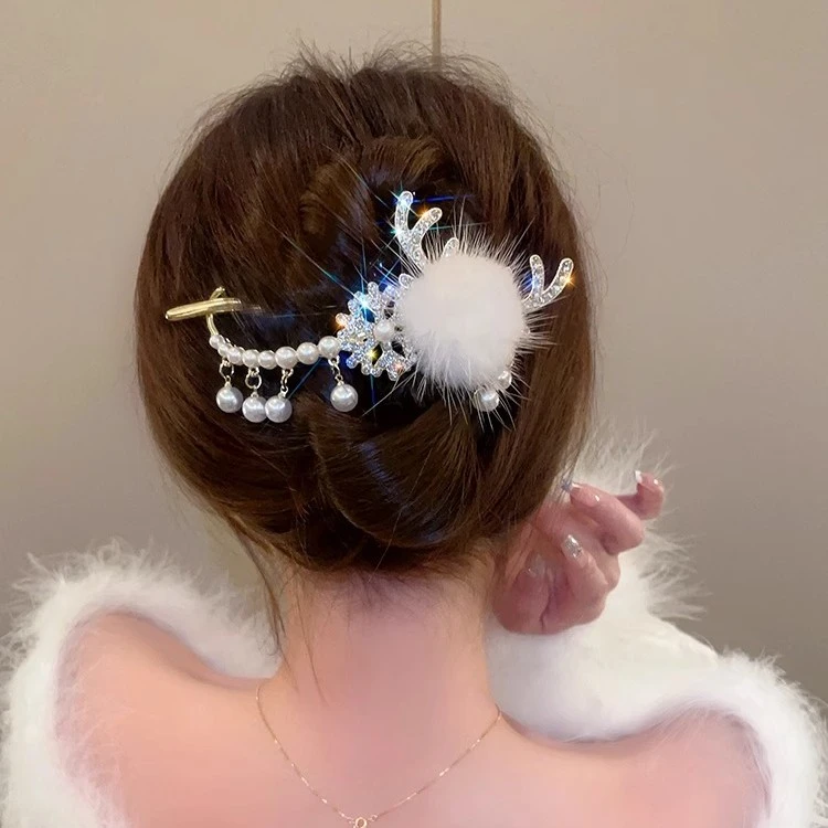 圣诞节毛球鹿角雪花扭扭夹女后脑勺盘发发夹抓夹鸭嘴夹一字夹发卡