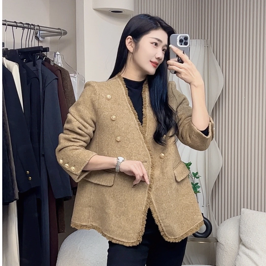 轻奢洋气减龄纯色双面羊毛外套2024秋冬季新款时尚潮流百搭外套