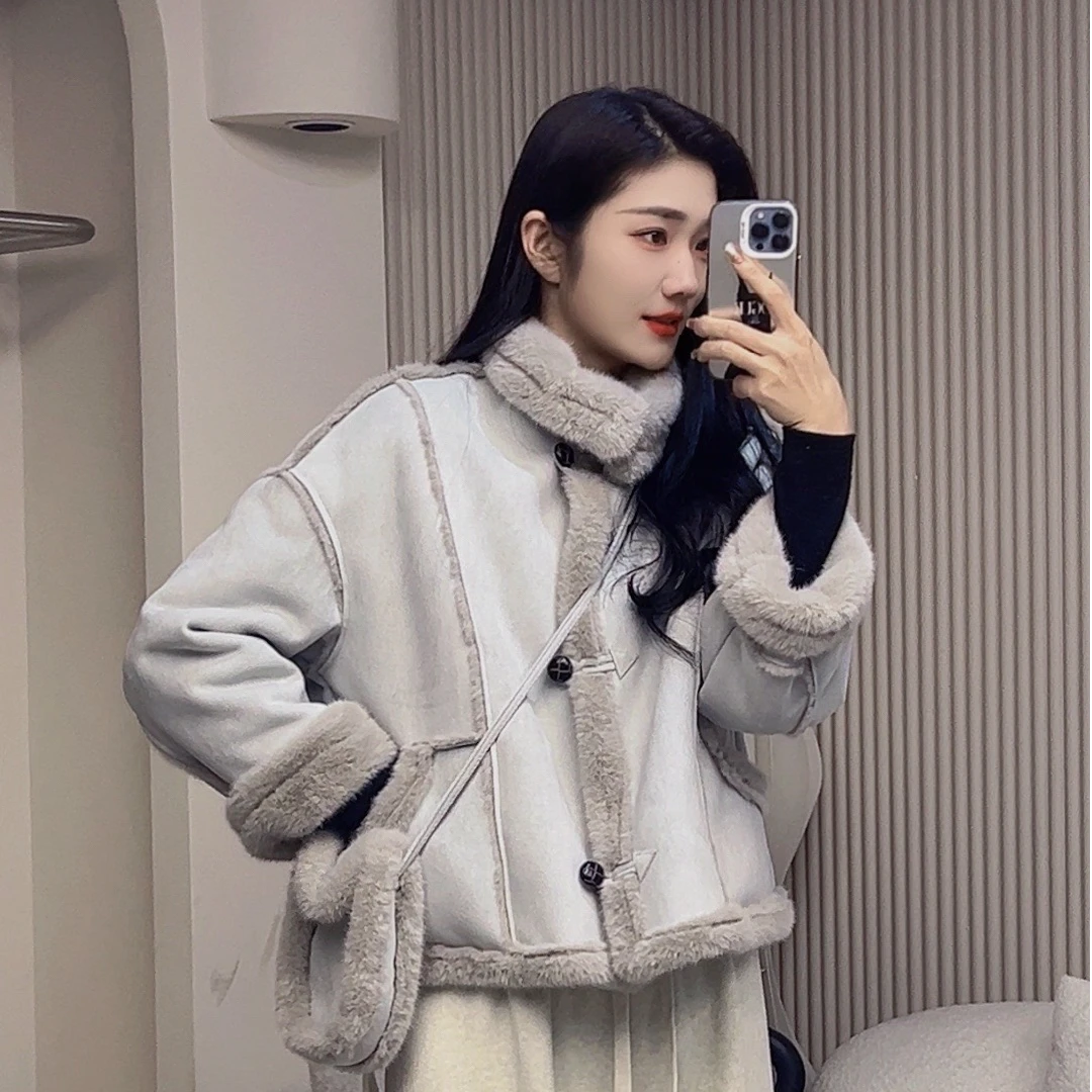 2024新款一体绒冬季韩版宽松立领机车风休闲百搭气质女