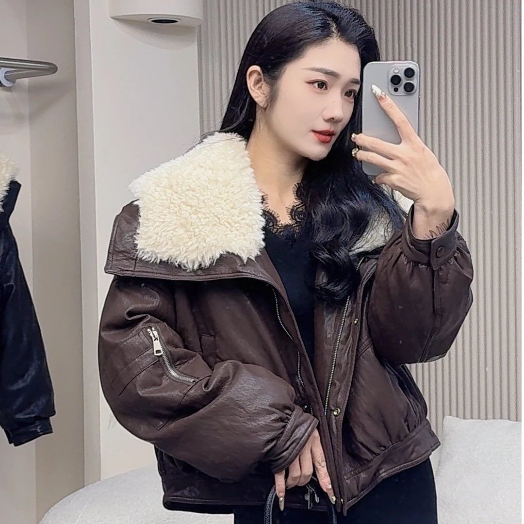 欧货2024冬新款机车夹克内胆加棉外套女一体绒皮衣693