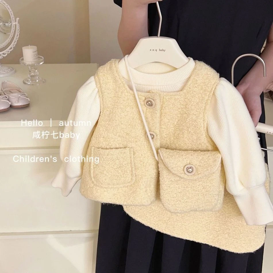 女童秋冬套装洋气小香风韩版新款女宝宝甜美毛呢加绒马甲半裙套装