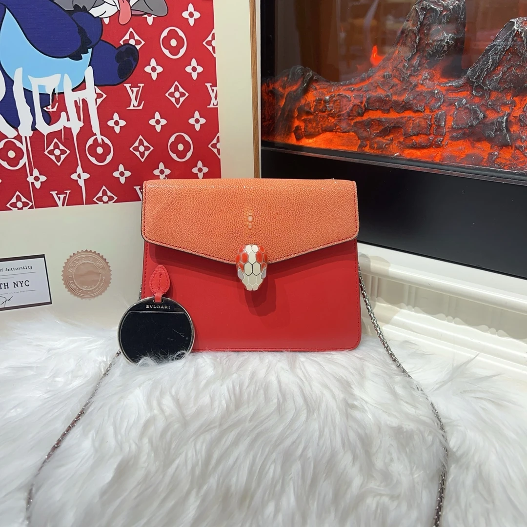 95新 BVLGARI/宝格丽 宝格丽蛇头橙红拼单肩包 cj2484