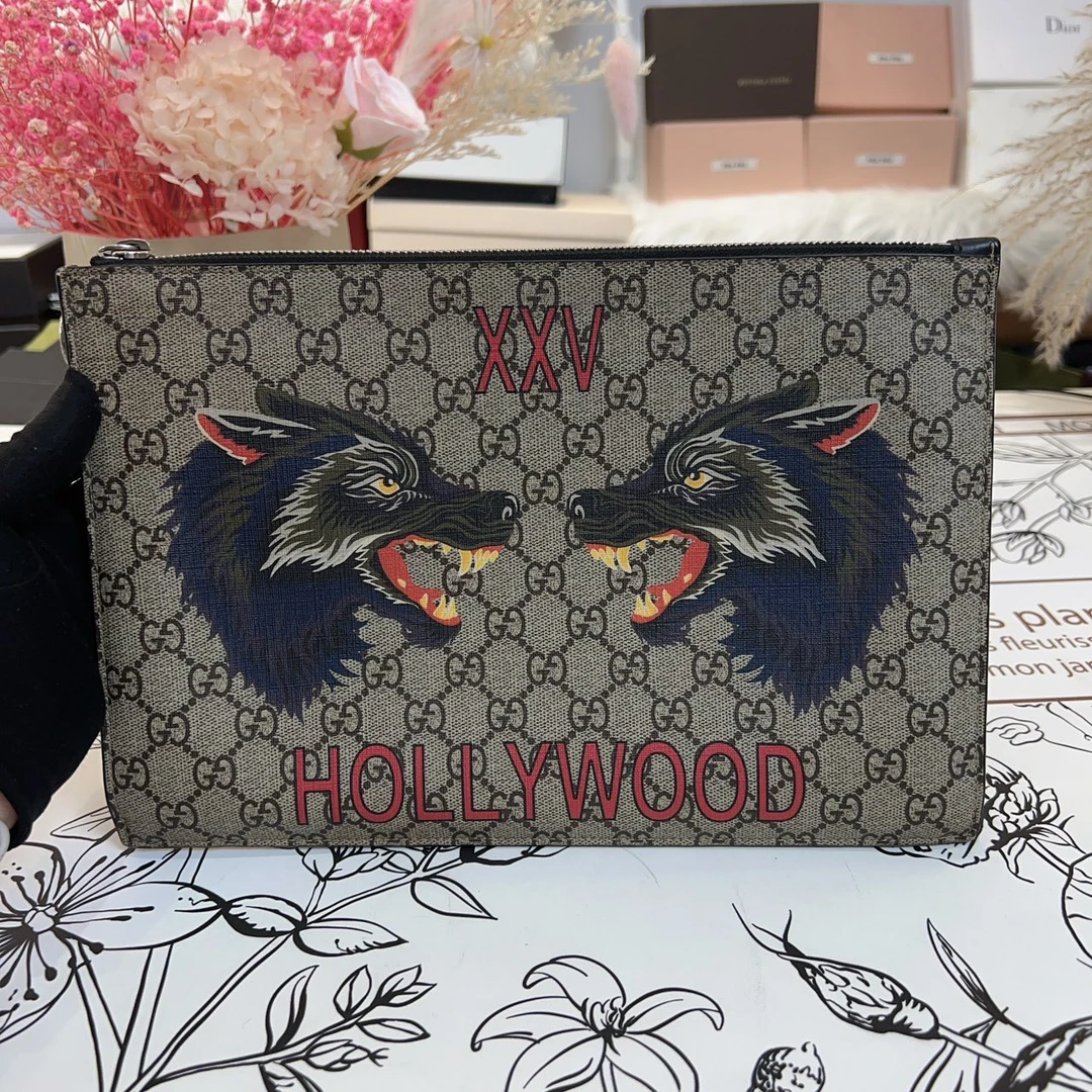 95新 GUCCI/古驰 gucci古驰双狼男士手拿包 a4093