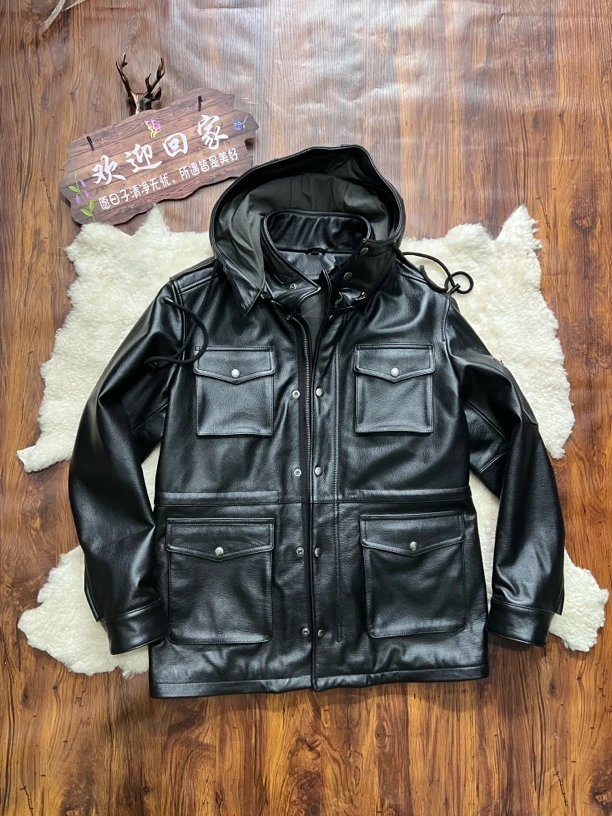 M65猎装加棉可拆卸内胆头层牛皮多口袋工装中长款男士皮夹克
