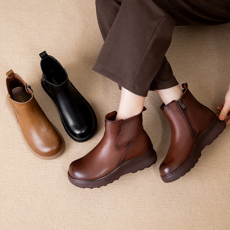 20219秋冬新款短筒时尚厚底妈妈鞋防滑休闲舒适百搭复古平底女靴