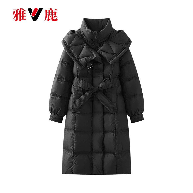 V/雅鹿羽绒服女2024腰带款连帽韩版加厚长款防风保暖时尚外套