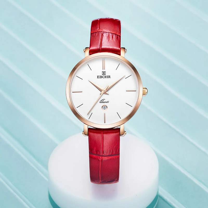 依波表品牌官方正品手表石英表女表时尚红色真皮表带活力热情5135