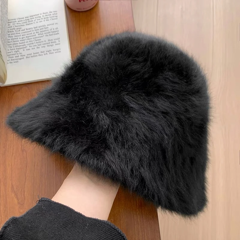 显脸小兔毛渔夫帽女秋冬百搭保暖大头围盆帽素颜毛绒水桶帽子