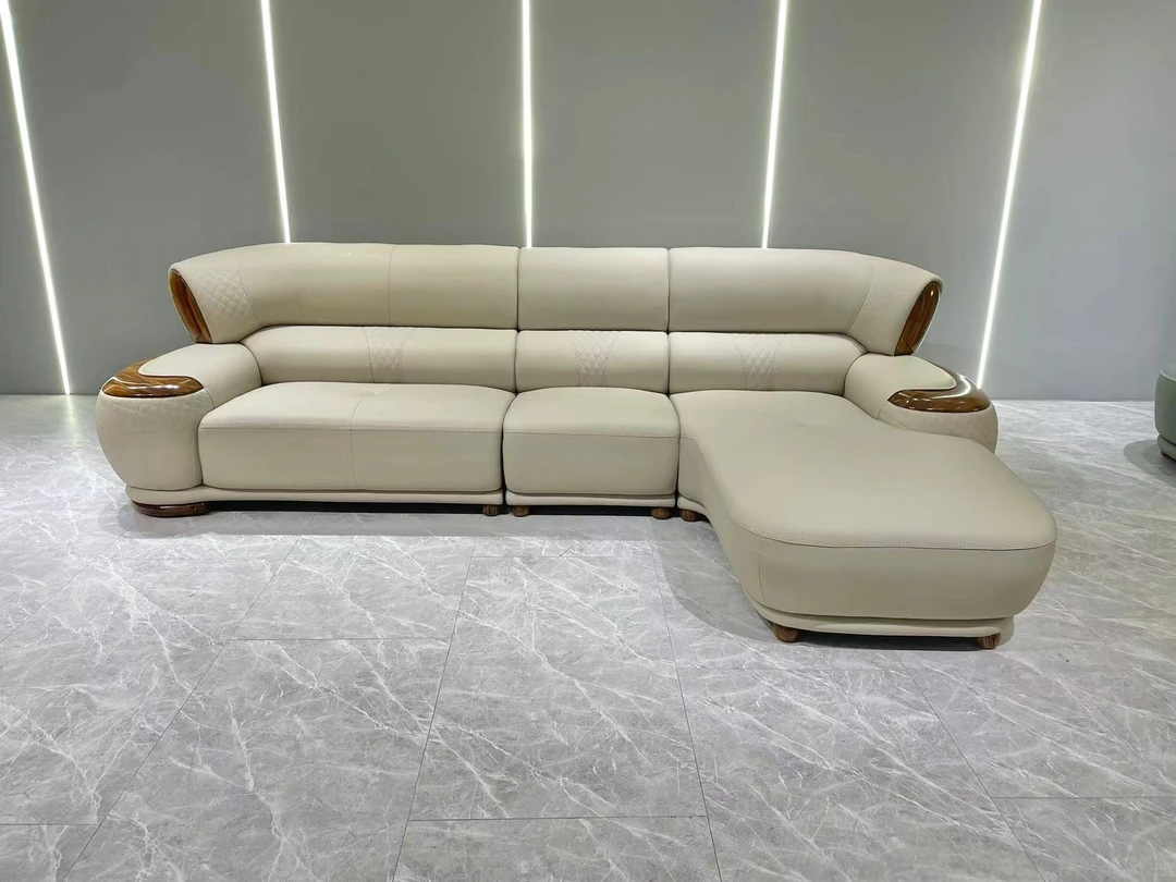 现代时尚简约新中式乌金木真皮转角沙发客厅