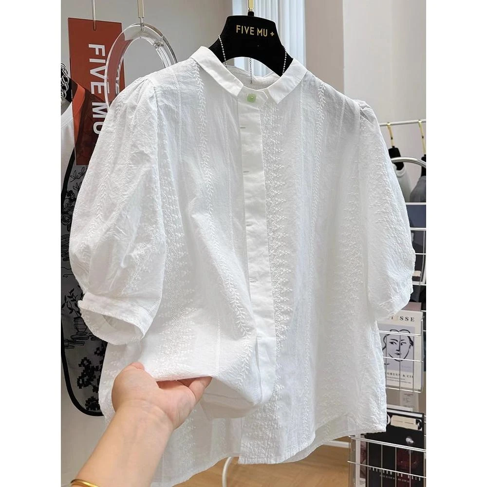 高端别致刺绣镂空钩花绣花短袖衬衫女夏季气质法式上衣洋气小衫薄