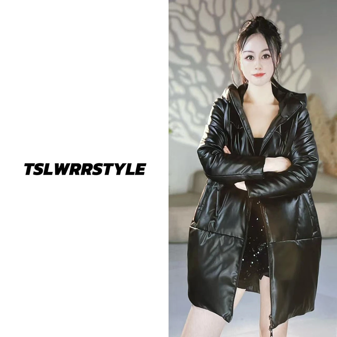 连帽真皮绵羊皮大鹅羽绒服中长款皮衣高端气质冬装宽松过膝808