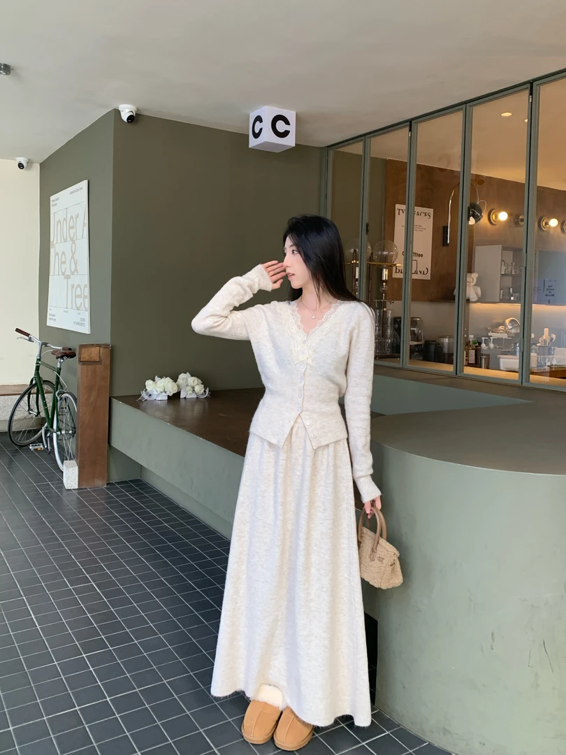 蕾丝款漂亮小香风针织套装裙女秋冬高级感小个子显高时尚两件套