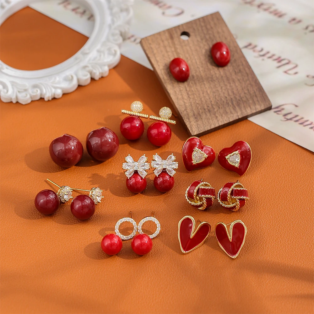 不锈钢仿珍珠耳饰 安卡拉红法式复古耳钉时尚气质个性网红风高级