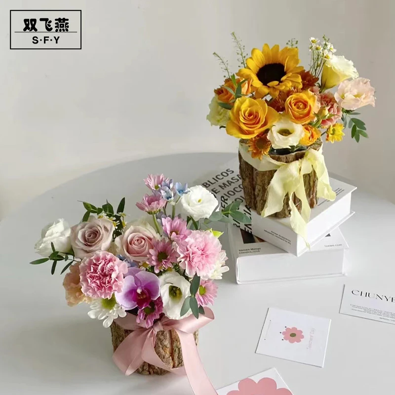 圣诞节树皮桶小绿植盆栽花店迷你抱抱桶圣诞树鲜花插花盒diy花桶