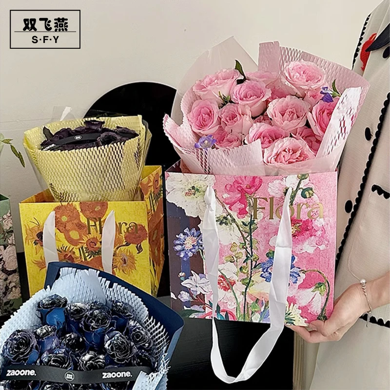 复古烫金油画手提袋鲜花花束礼品包装袋七夕情人节花艺包装资材