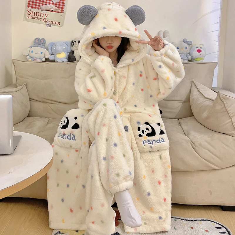 珊瑚绒长款睡袍女冬季加绒加厚冬天法兰绒保暖可爱甜美家居服套装