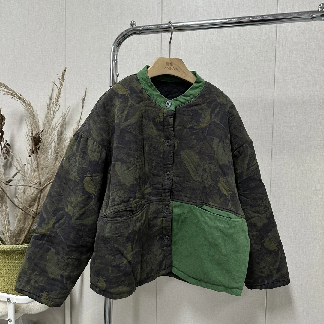 CS92913  秋冬复古炒色印花撞色拼接单排扣立领棉外套