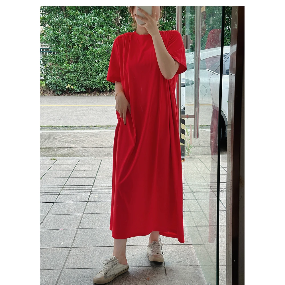 ZR019   夏季新款纯色宽松中长款圆领短袖连衣裙女