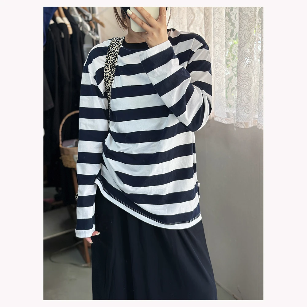 ML11659   春季新款宽松条纹圆领长袖T恤女