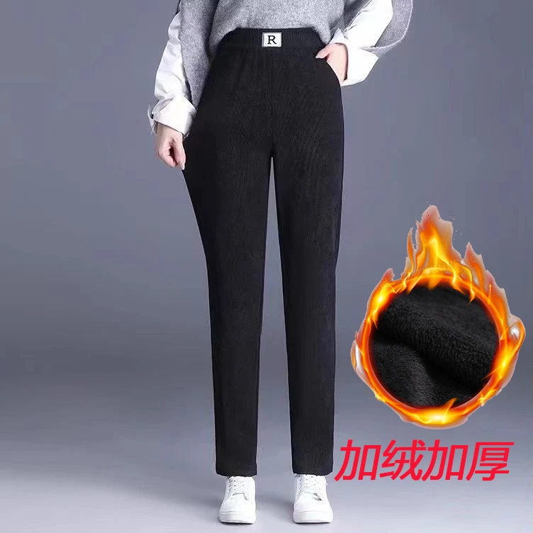 2024秋冬新款木棉绒高腰大码加绒加厚中老年松紧腰外穿小脚裤女裤