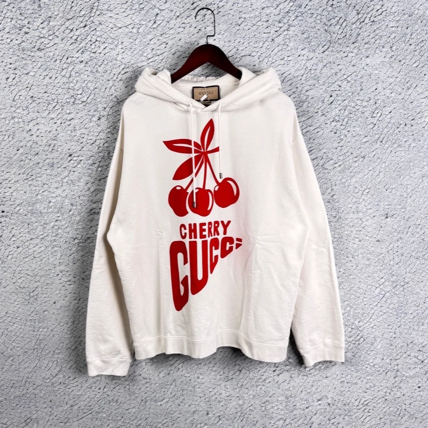 95新 Gucci 古驰 白色樱桃Logo连帽卫衣帽衫 /XL码